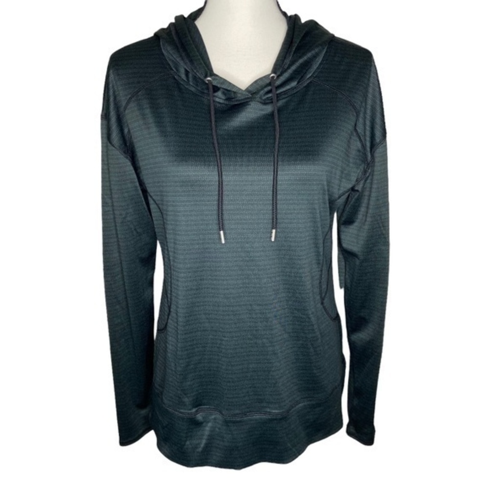 MTA Sport Top Black Teal Stripe Long‎ Sleeve Athletic Hoodie Pullover Activewear